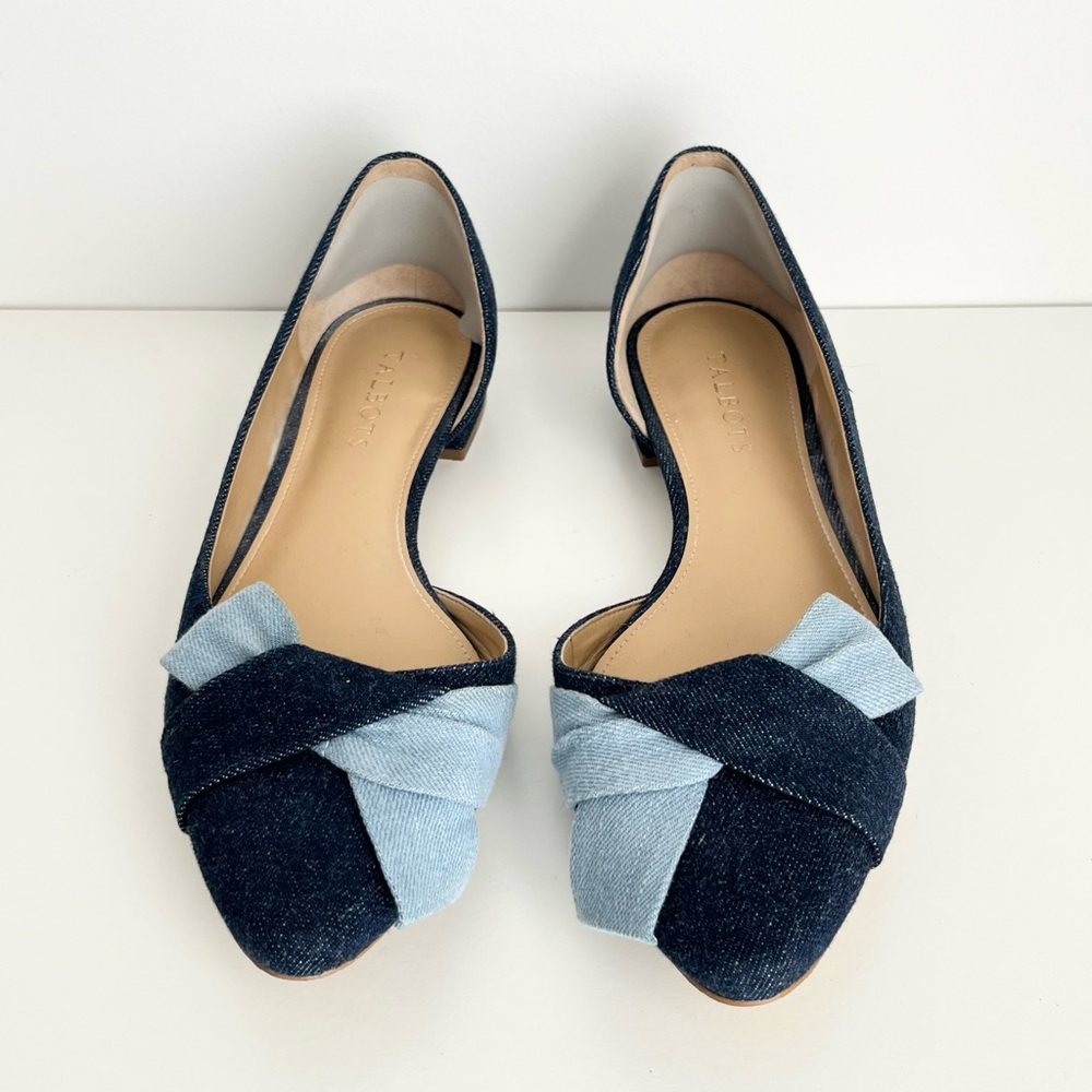 Talbots Edison D'Orsay Bow Flats Shoes 8.5 Blue Denim Classic Preppy Office Chic - Picture 2 of 6
